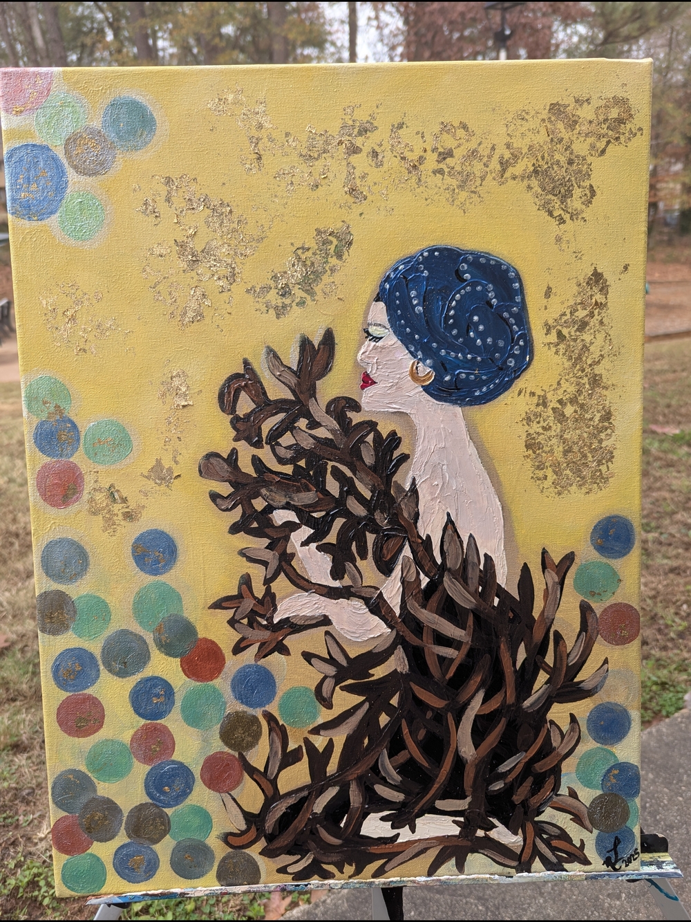 Blue Headwrap Figurative Canvas Art with Brown Foliage on Yellow Field